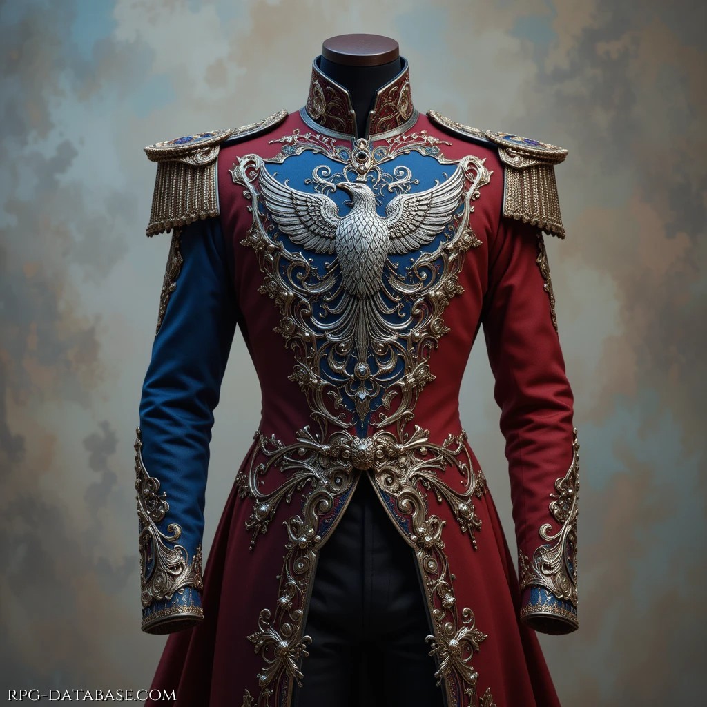 Alta uniforme nei colori azzurro e rosso, arricchita da decorazioni d'argento, tra cui spicca la grande aquila ad ali spiegate sul pettorale.