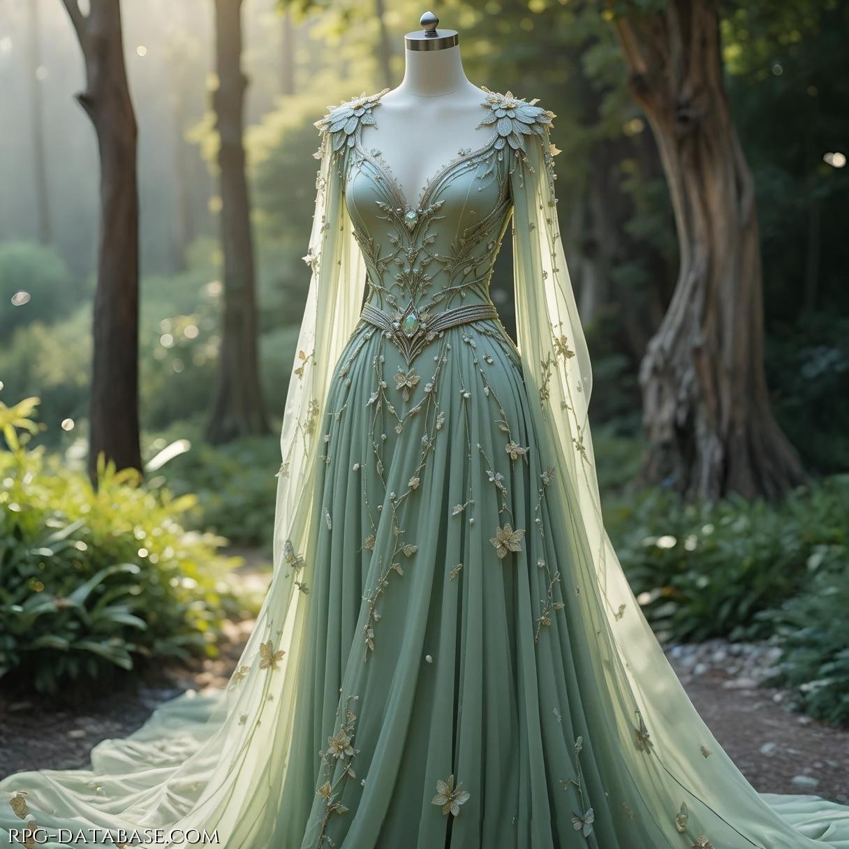 Abito elegante e delicato, in mussola e voile di seta, che scivola ad accompagnare le sinuose forme dell'elfa, con lunghi veli semitrasparenti ad accompagnare le braccia, formando poi con la gonna un breve strascico. Magicamente effonde un delicato profumo di foresta e fiori.