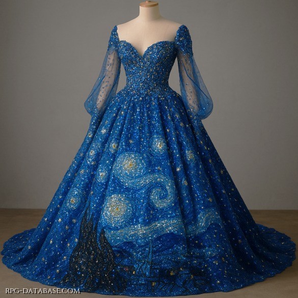 Abito in tulle blu profondo, interamente ricamato con perline e fili dorati, a evocare la Notte Stellata e la stella più luminosa. Scintillante e avvolgente, celebra la preziosità del momento e di ciò che è stato.