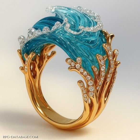 Anello in oro lucente, scolpito a evocare radici forti che sorreggono un’onda in vetro azzurro e diamanti. Questo anello è un tributo a chi abita entrambi i luoghi, per l’eternità.