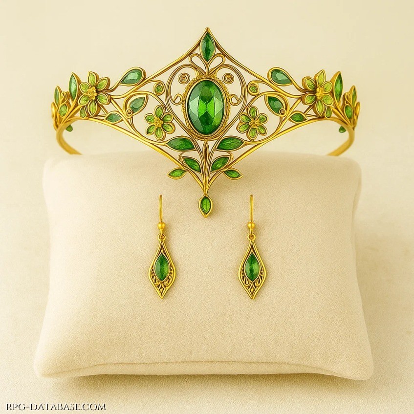 Un diadema in oro e smeraldi con orecchini abbinati. Elegante e prezioso.