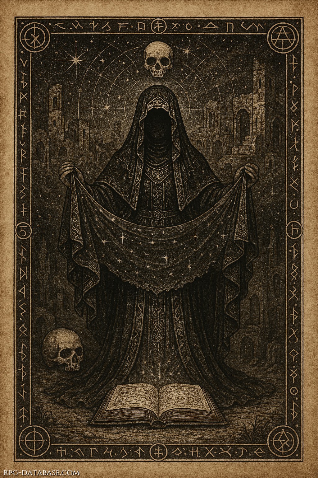 Nigra Mater, Madre del Velo, accoglie senza giudizio. È la fine consapevole, il silenzio che sussurra verità celate. Tessitrice d’incanti e memorie, guida chi abbraccia il buio con rispetto, dove ogni fine è solo un ritorno all’origine.