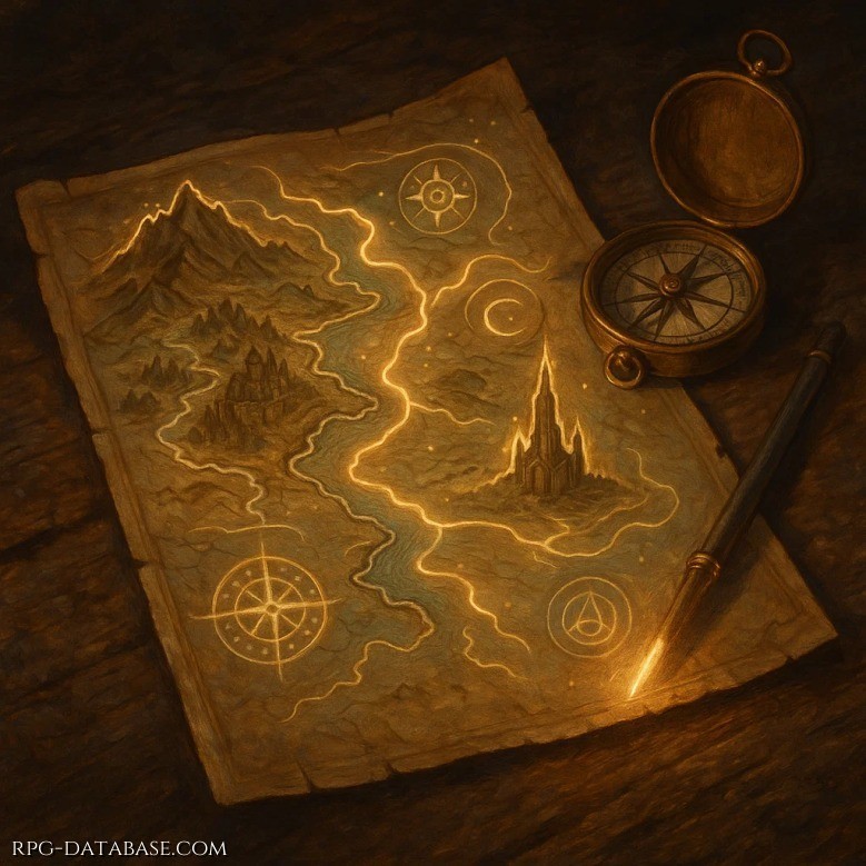 Mappa dettagliata e precisa di un'area esplorata, comprensiva di sentieri, fonti d’acqua, risorse naturali e rifugi, zone pericolose, trappole, creature o fenomeni anomali, punti d’interesse arcani, storici o utili a future spedizioni.