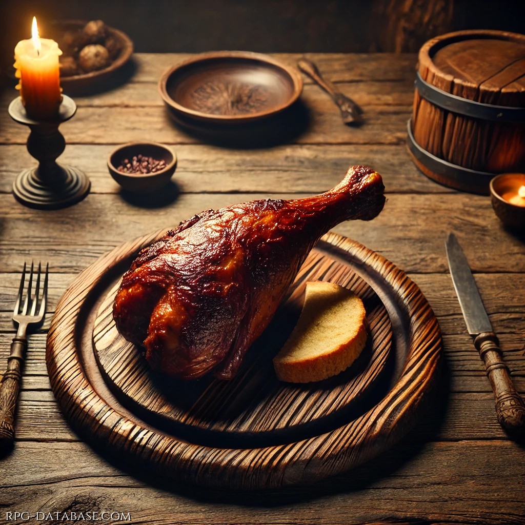 Un succulento cosciotto di tacchino cotto lentamente sul fuoco, con la pelle croccante e la carne tenera. Accompagnato da una fetta di pane rustico, perfetto per intingere nei succhi della carne. Un piatto robusto e sostanzioso, ideale per i viaggiatori affamati.