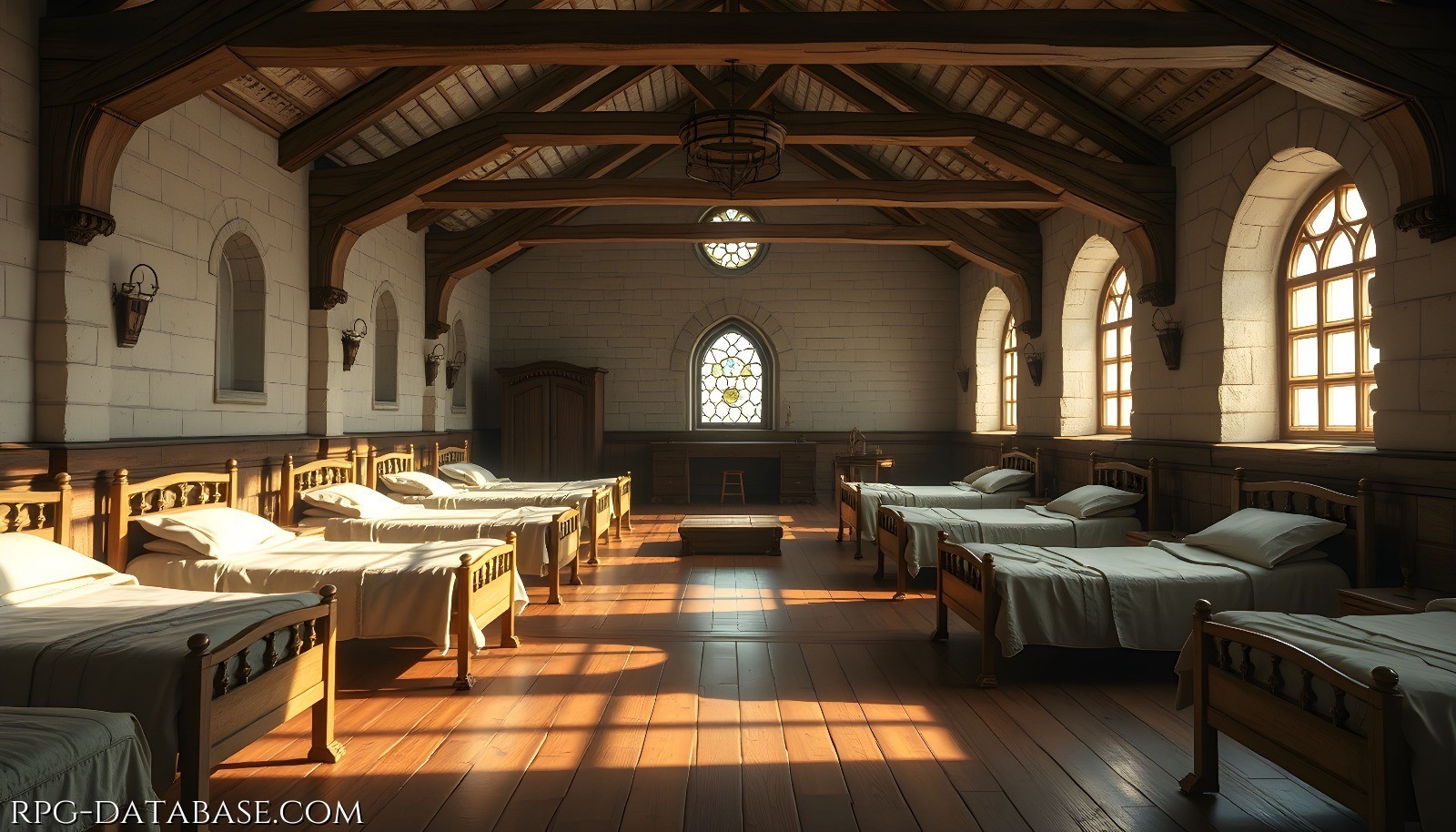 Sala degenza luminosa e silenziosa, con letti in legno intagliato disposti ordinatamente sotto un soffitto a travi. Le pareti in pietra chiara e le ampie finestre ad arco con vetri colorati creano un’atmosfera calda e solenne,