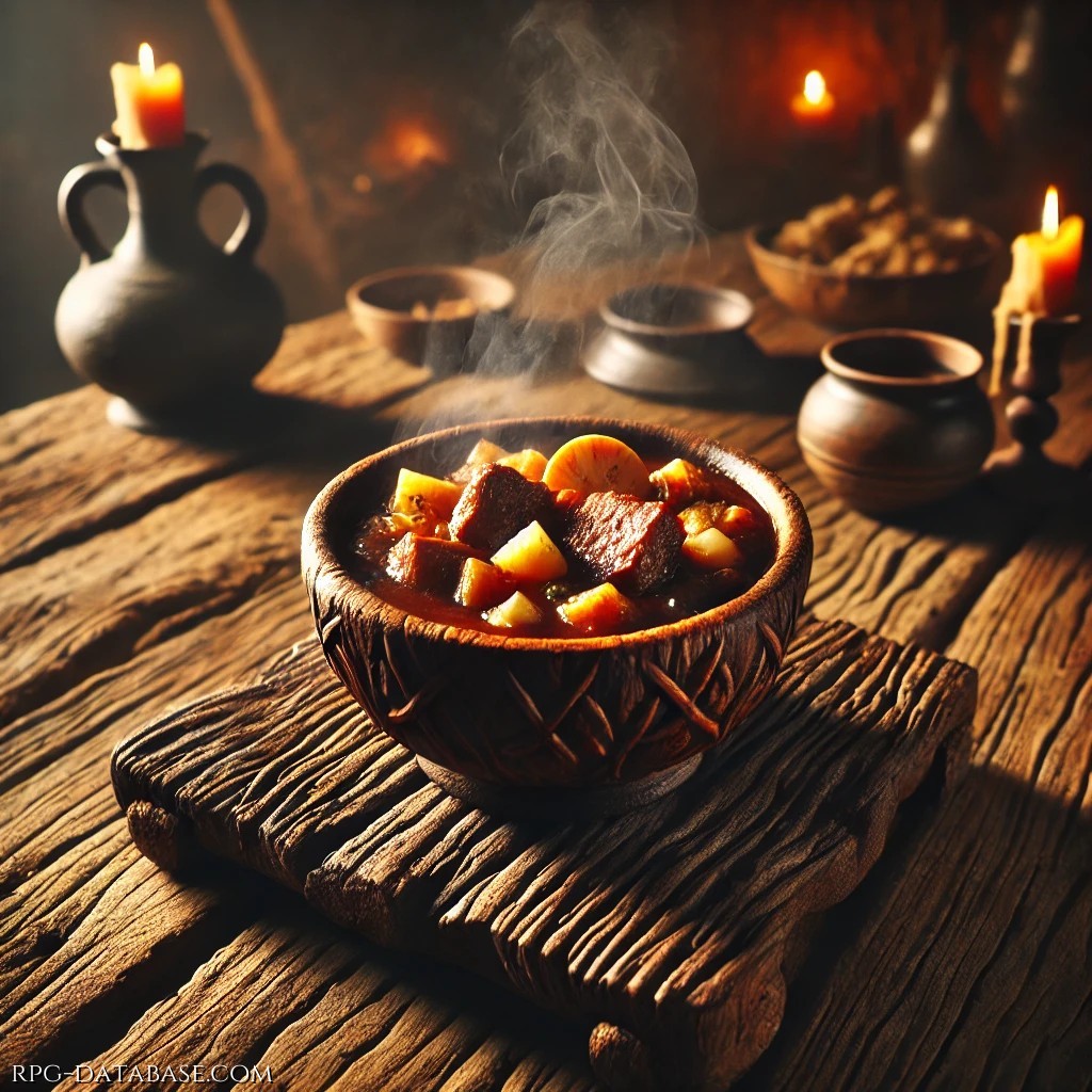 Un ricco e fumante stufato preparato con carne di cervo, radici di pastinaca, cipolle e spezie locali. La lunga cottura ha reso la carne incredibilmente tenera, e il brodo denso emana un profumo avvolgente. Perfetto per scaldarsi nelle fredde notti in taverna.
