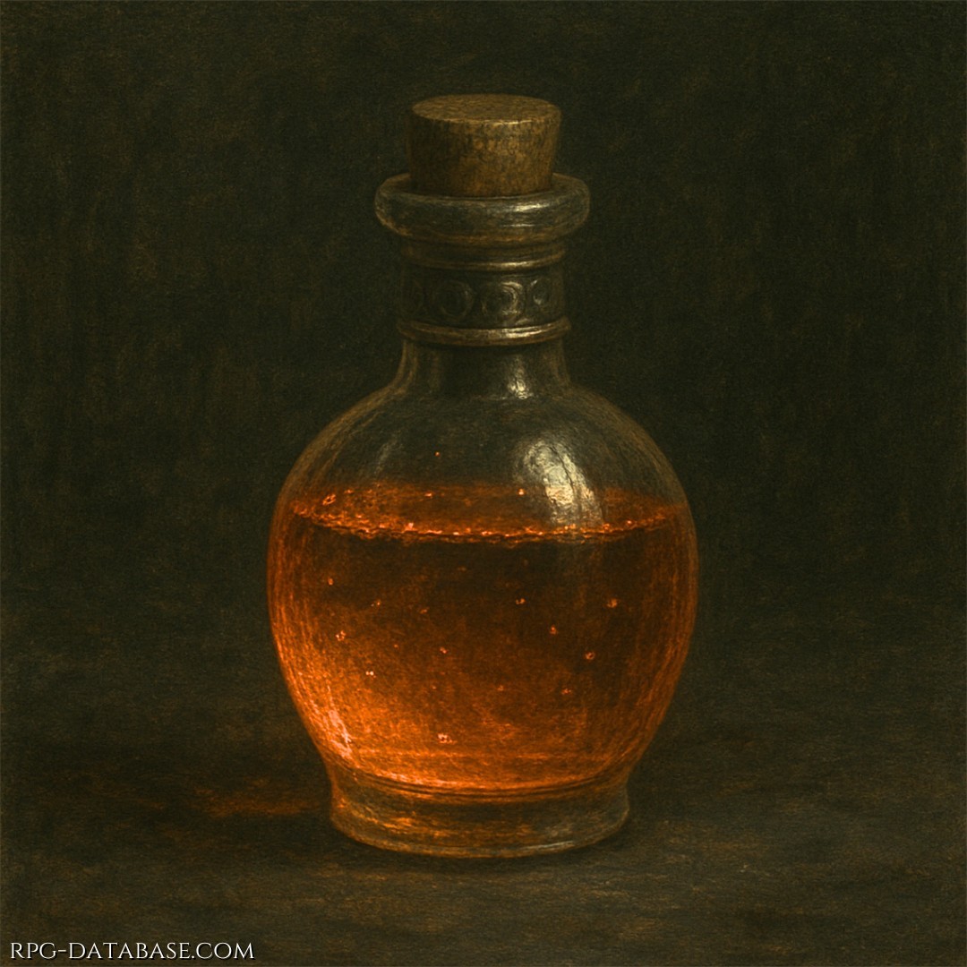 Un liquido color ambra che sprigiona una leggera vibrazione al tatto. Una volta ingerito, incrementa temporaneamente la forza fisica e la coordinazione muscolare.