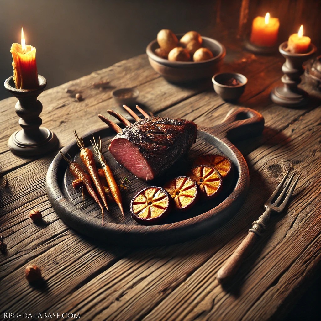 Una generosa porzione di carne di cinghiale, marinata con erbe selvatiche e cotta lentamente fino a raggiungere la perfetta morbidezza. Servita con patate e carote arrostite nel grasso della carne, è un pasto da veri guerrieri.