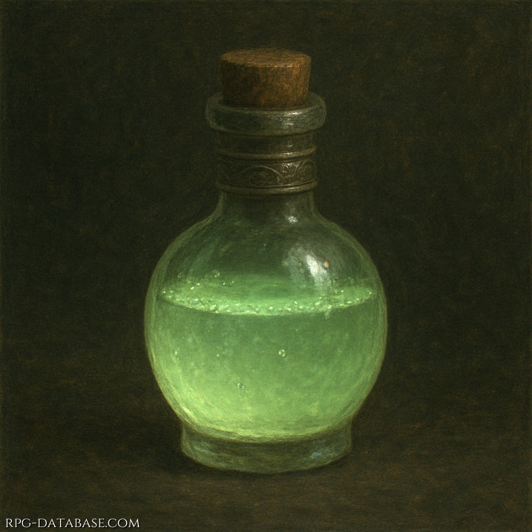 Liquido verde chiaro dal sapore pungente. Rende i riflessi più rapidi e i movimenti precisi per breve tempo, perfetta per scalate, fuga o combattimenti acrobatici.