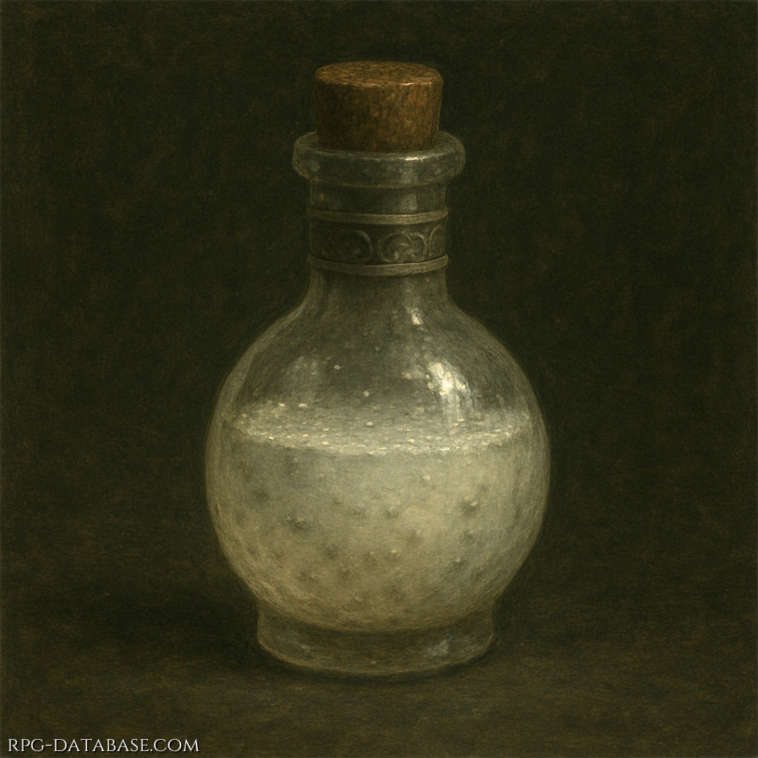 Una fiala contenente un liquido lattiginoso con leggere particelle grigio-perlacee che fluttuano come cenere in sospensione. Una volta cosparso su una lama o su una punta, conferisce all’arma la capacità di colpire spiriti, ombre e entità incorporee per pochi colpi.
