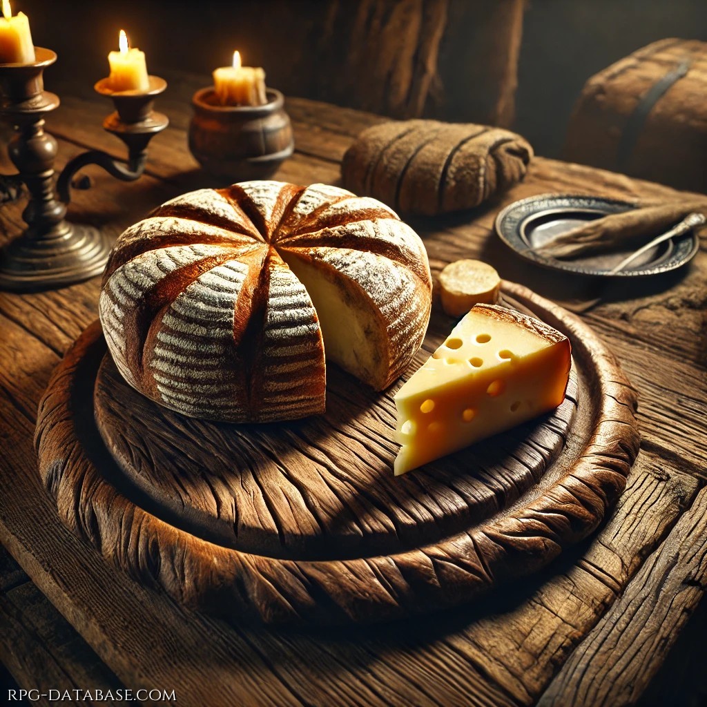 Un pane scuro e croccante, appena sfornato, servito con un pezzo di formaggio stagionato dal sapore intenso e leggermente piccante. Un pasto semplice ma nutriente, apprezzato da contadini e viandanti in cerca di qualcosa di veloce da mangiare sulla strada.