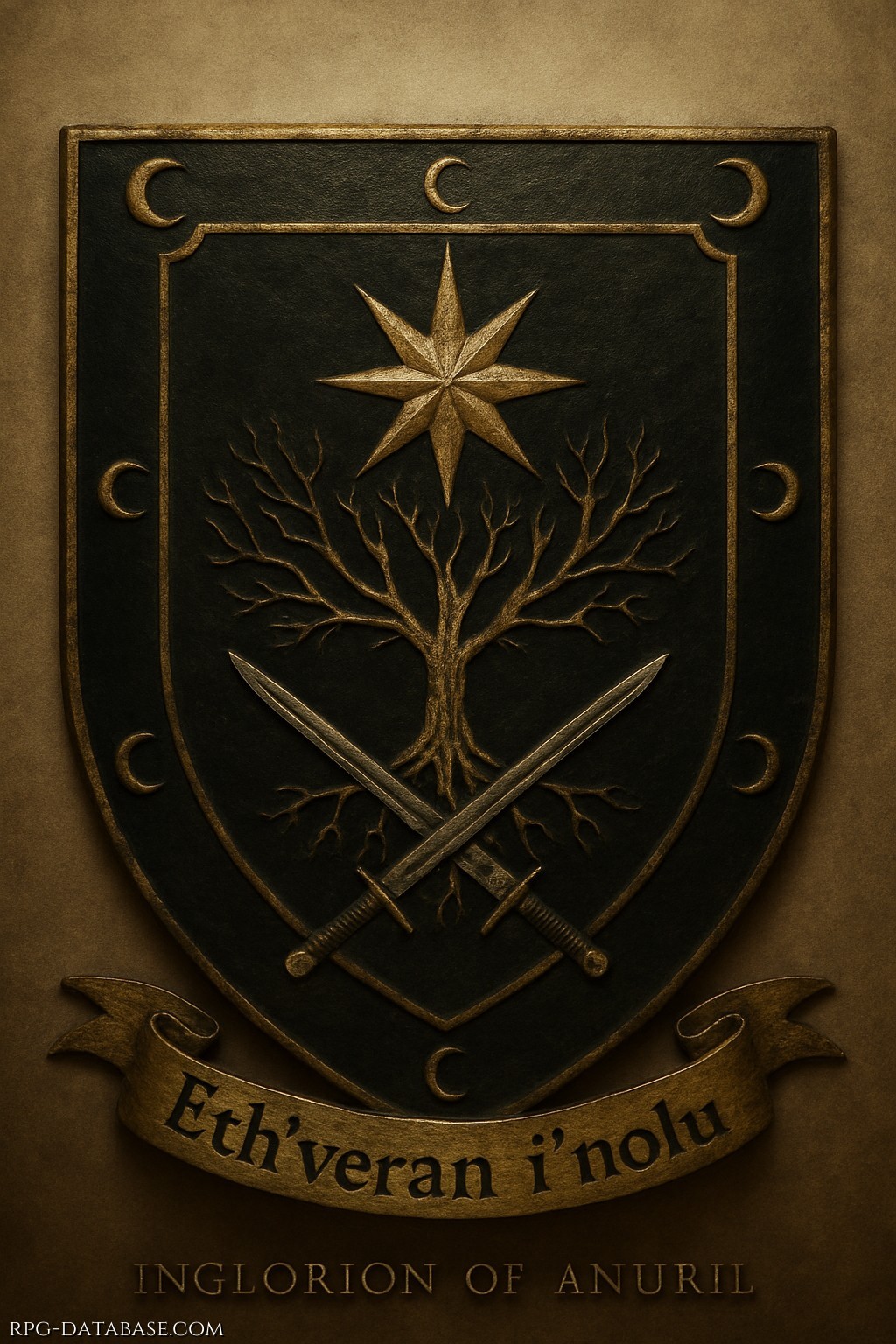Scudo nero bordato d’oro con luna crescente, stella a otto punte, albero secco dalle radici esposte e due spade incrociate con rune. Simbolo di antica nobiltà, conoscenza arcana e onore. Motto: Eth'veran i'nolu – “Dalla notte, la verità”.