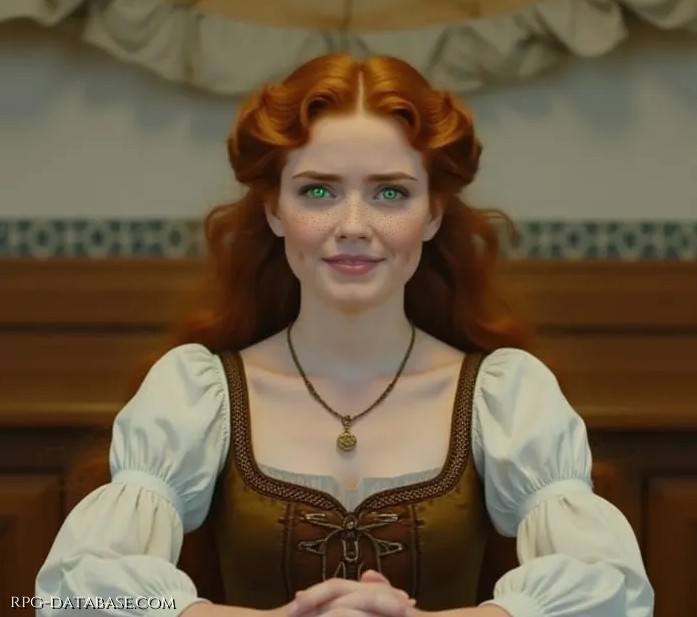 Una giovane donna dai tratti delicati, eterei, lunghi capelli rosso vivo, grandi occhi verdi di un'innocenza disarmante, un sorriso limpido, eppure dallo sguardo profondo e antico.
