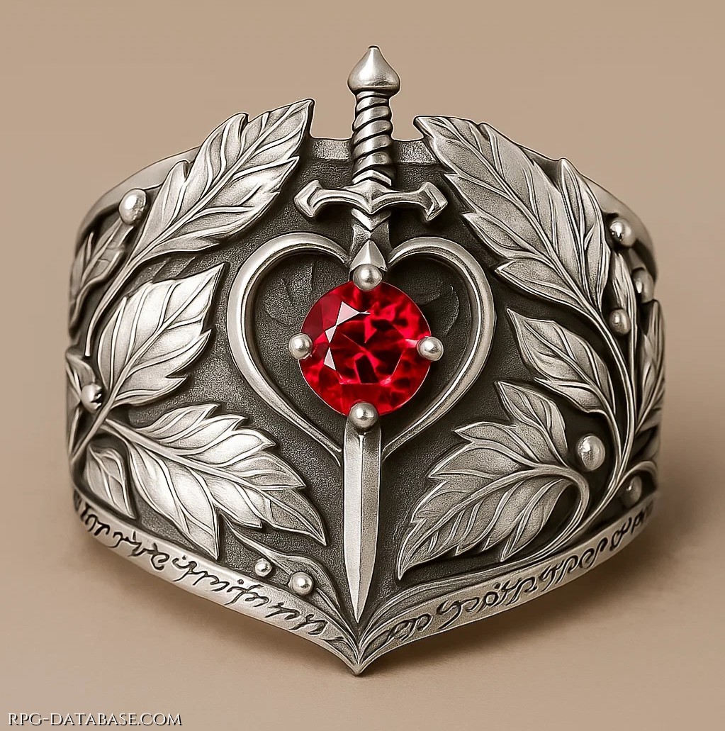 Anello in argento lucido, con eleganti foglie di alloro e quercia a simboleggiare vittoria, onore e rinascita. Al centro, un cuore stilizzato rappresenta la levatrice, colei che cura e accoglie la vita. Un piccolo pugnale finemente lavorato, a rappresentare il Comandante, si adagia all'interno del cuore per proteggerlo e custodirlo. All'interno del cuore è incastonato un rubino puro che simboleggia l’unione dei due destini per l’eternità. Sul bordo inferiore, un’elegante iscrizione in elfico: Cuin lín, gell o nîn, na bain – La tua vita, unita alla mia, sarà per sempre