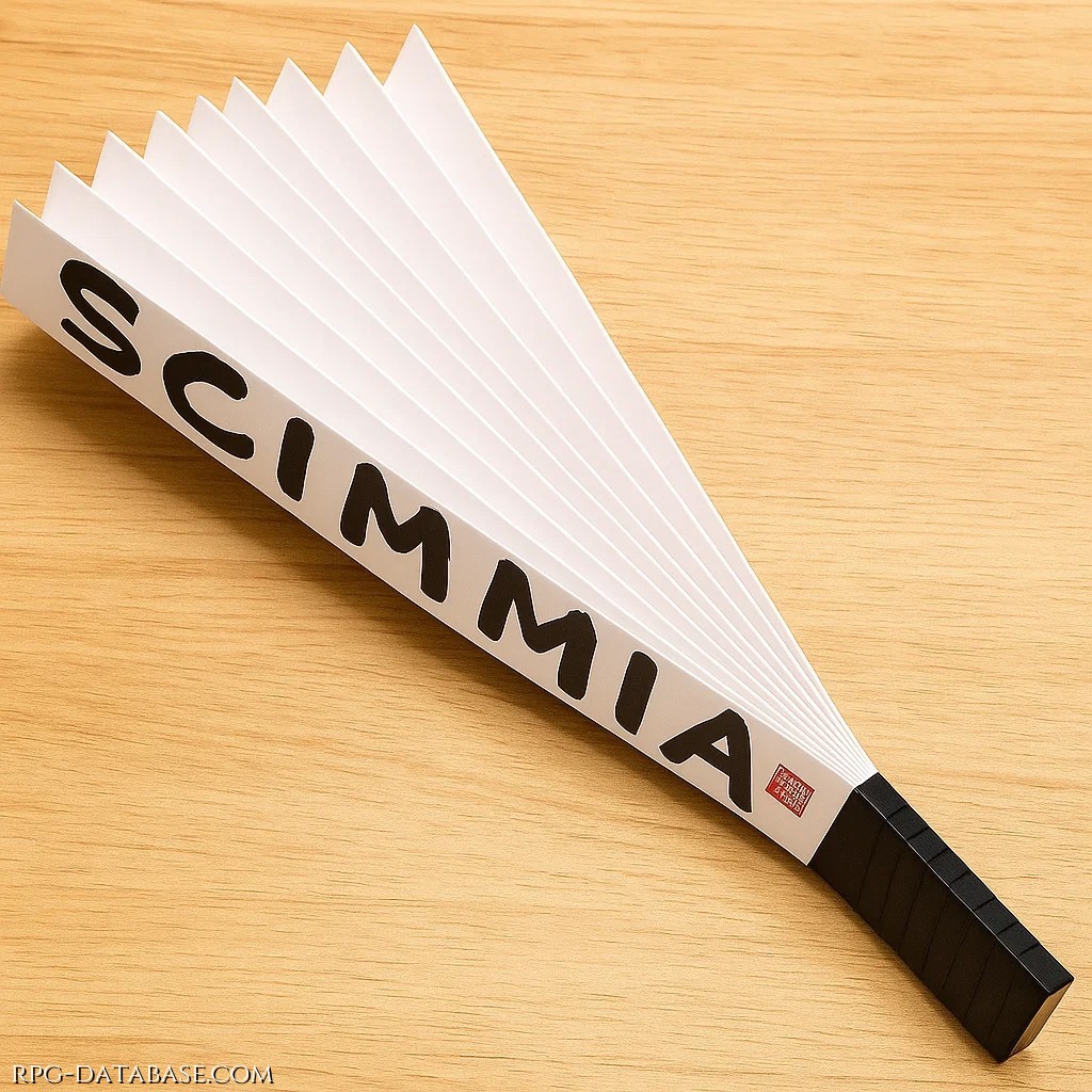 Ventaglio di carta con manico in pelle nera, recante sul margine la scritta "scimmia"