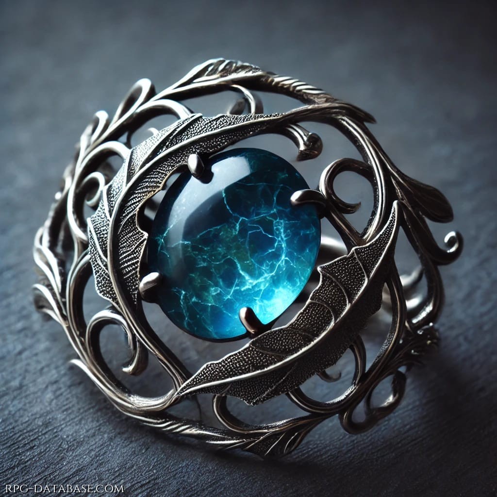 Anello realizzato in argento brunito con un intreccio di rami e foglie che avvolgono lo la pietra centrale come se volessero proteggerne il potere.