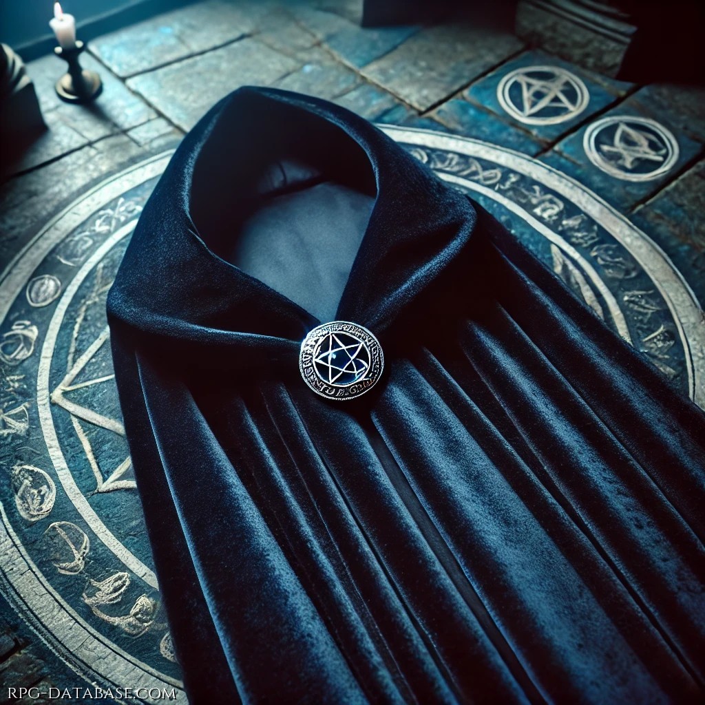 Mantello con cappuccio, caldo e confortevole, realizzato in tessuto blu, chiuso sul davanti da una spilla in argento con impressa una stella a cinque punte.