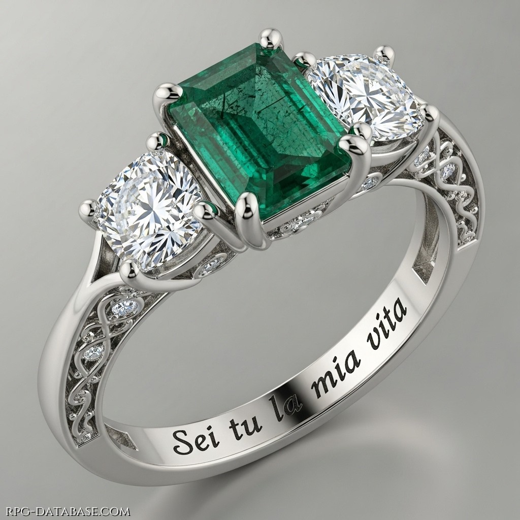 Un anello in oro bianco, diamanti e smeraldo, con incisa all'interno la frase: Sei tu la mia vita